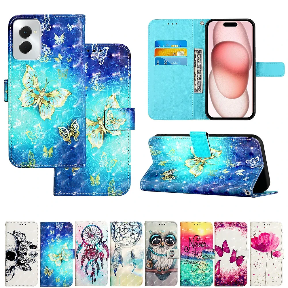 Charming Painted Pattern Wallet Case with Flip Stand and Leather Card Holder Cover