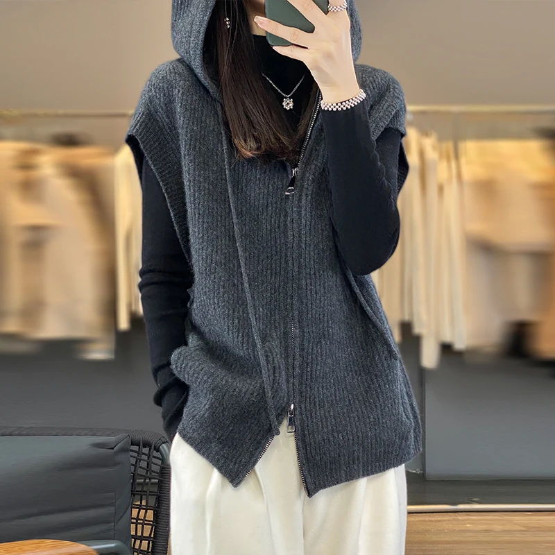 Women's Monochromatic Zipper Cashmere Sweater Vest, Knitted Vest