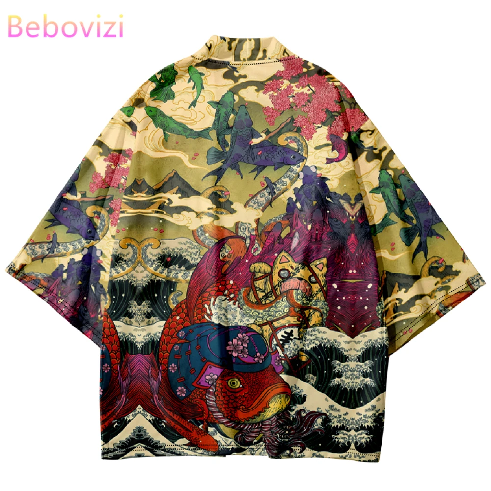 Japanese Style Fish Print Kimono Shirt Haori Fashion Summer Beach Yukata Men Women Traditional Cardigan Asian Clothing