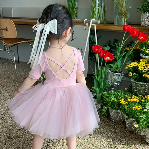 Summer New Children Clothes Baby Girls Short Sleeve Lace Princess Ballet Dress
