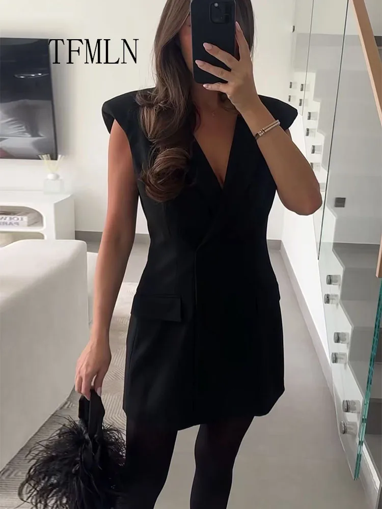 Elegant 2026 Spring Summer Causal Mini Dresses For Women Chic Back Zipper V-neck Slim Party Dress Simple Pockets Short Dresses