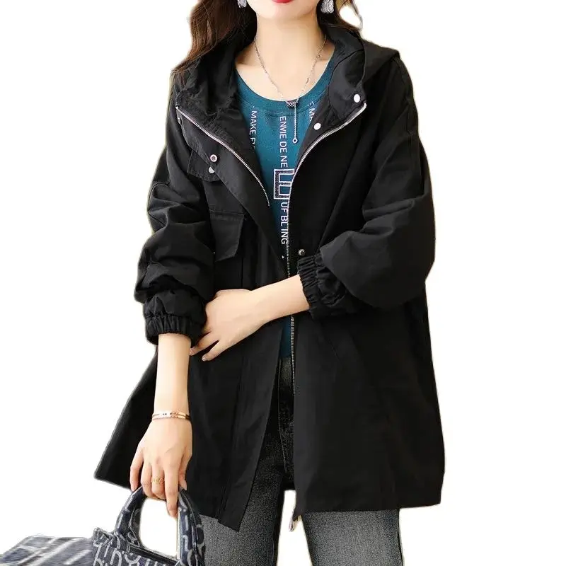 

Повседневная ветровка с капюшоном, женская новая весенняя однотонная Свободная куртка на молнии, пальто средней длины с кулиской для инструментов, топы с подкладкой 4XL