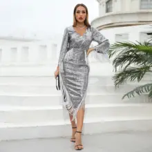 

Autumn Winter Sexy V Neck Sequins Tassel Cocktail Gowns Slit Irregular Slim Evening Party Dress Vestidos De Noche Celebrity Robe