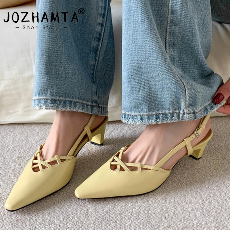 JOZHAMTA Size 34-40 Women High Heels Sandals Real Leather Slingback Summer Shoes Strappys Pointy Toe Sexy Party Office Dress