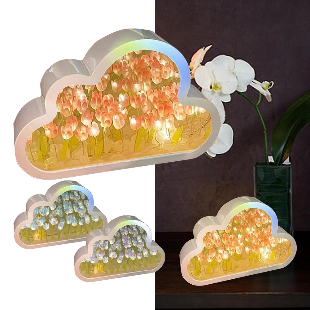 Tulip Night Light DIY Cloud LED Mirror Table Lamps Bedroom Ornaments Decor Bedside Photo Frame Handmade Gifts