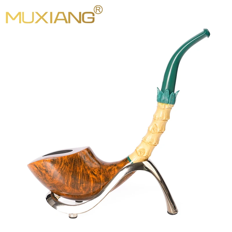 MUXIANG 브라이어 담배 파이프, 손으로 조각한 회양목, 곡선 손잡이, 브라이어 파이프 그릇, 굴착지 파이프 입구, 중국 스타일 파이프