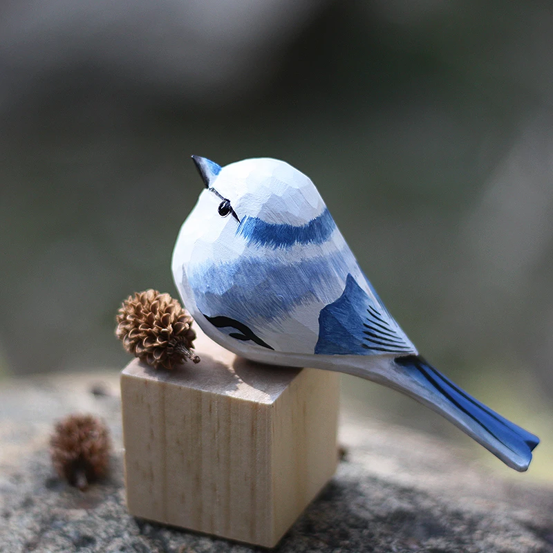 

Fat chirp carved wood bird birthday gift gray blue tit pure handmade solid wood tabletop decoration statues for decoration