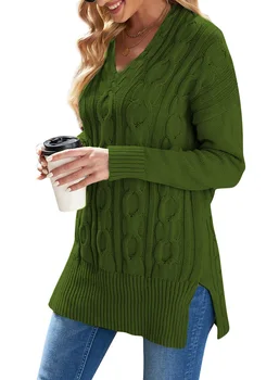 Plus Size Cable Knitted Pullover Sweater, Casual V Neck Long-Sleeved Slit Sweater, Women's Plus Size Clothing 3