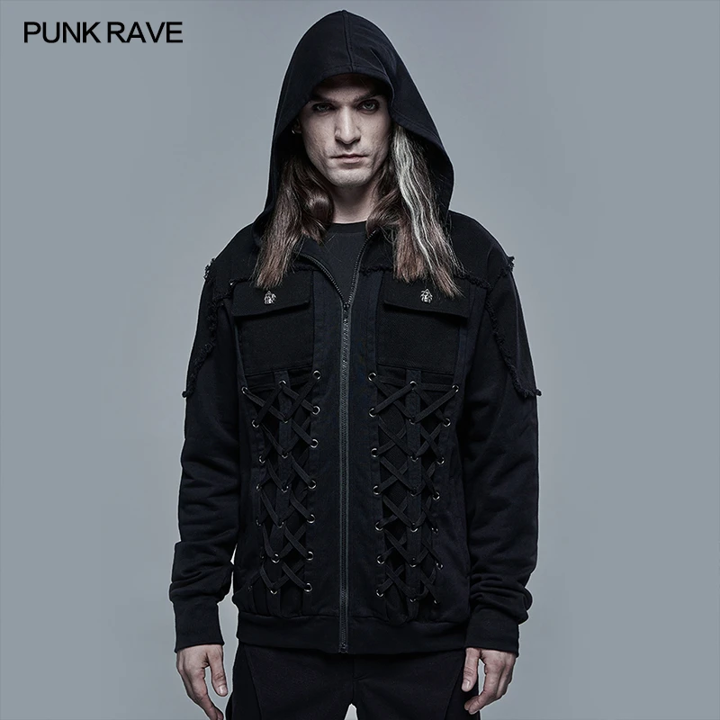 PUNK RAVE suéter gótico para hombre, suéter elástico Cardican, tejido y tejido empalmado, abrigo negro, Sudadera con capucha| Sudaderas con capucha sudaderas| - AliExpress
