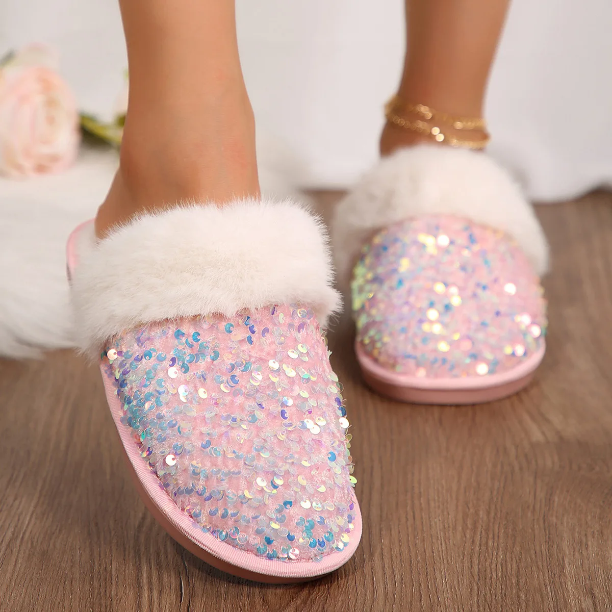 2024 Winter New Wool Slippers Women's Round Toe Sequins European and American Fashion Wear Toe Slippers in Stock