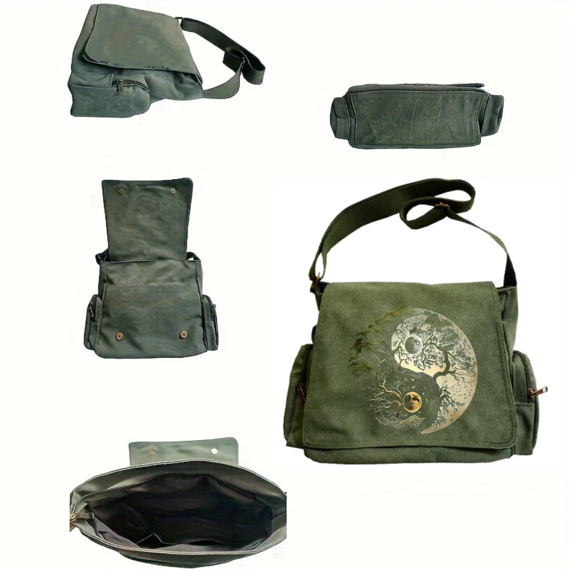 Vintage Women's Shoulder Bag Canvas Yin Yang Tree Print Large Capacity Crossbody Bag Daily Use Messenger Bag