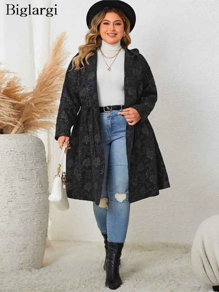 

Plus Size Autumn Midi Jackets Coats Women Flower Print Fashion Pleated Ladies Jackets Long Sleeve Casual Loose Woman Coats 2023
