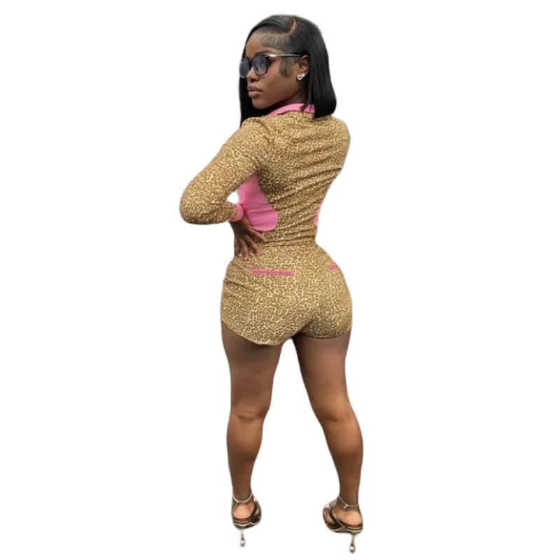Sexy Leopardenmuster-Trainingsanzug, zweiteilige Sets für Damen, Streetwear, getäfelte Reißverschlussjacke und Shorts, passendes 2-teiliges Herbst-Outfit – Detail 8