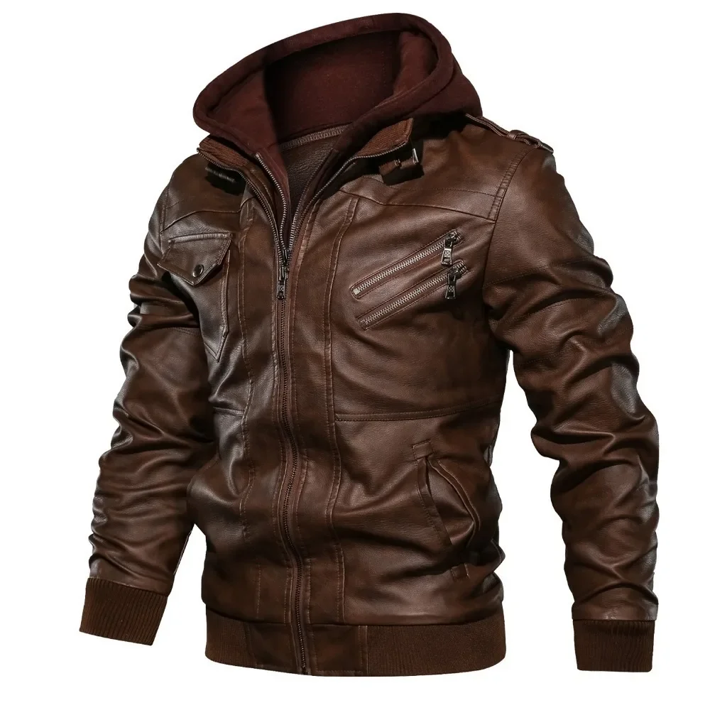 Wepbel Biker's Leather Jacket Men's Zipper Pu Jacket Autumn Detachable Hat Casual Leather Clothing Hooded Autumn Locomotive Coat