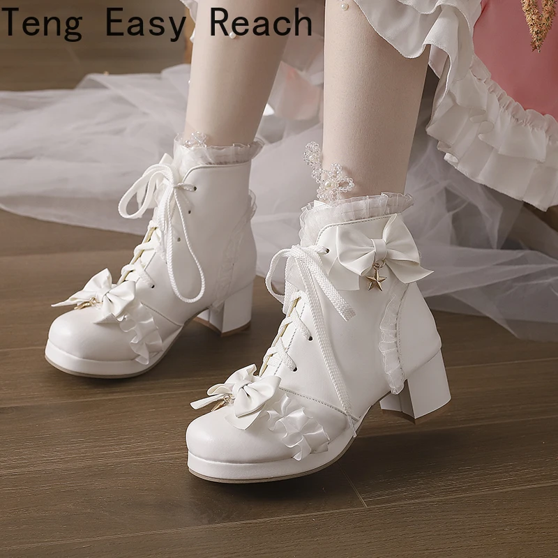 

Autumn/Winter New Women's Mary Jane Booties Cute Butterfly Lace Pearl Chain Lolita Cosplay Party Heel Boots White Pink Black