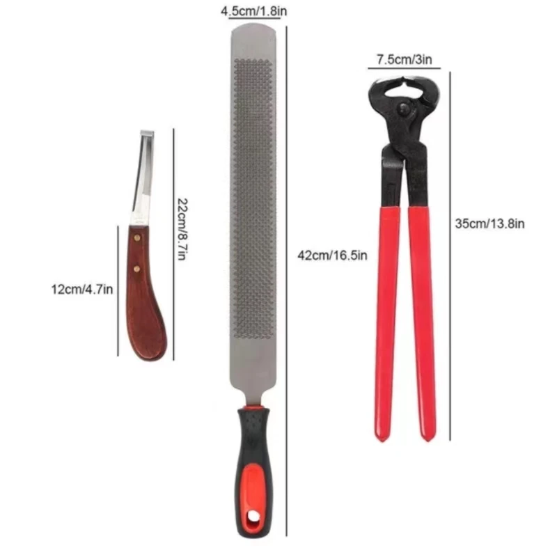 Farrier Tools 14-inch Horseshoe Trimming Sets，Contain Hoof Rasp Horse Nipper Knife  Brush，Professional 4 in 1 Hor 4