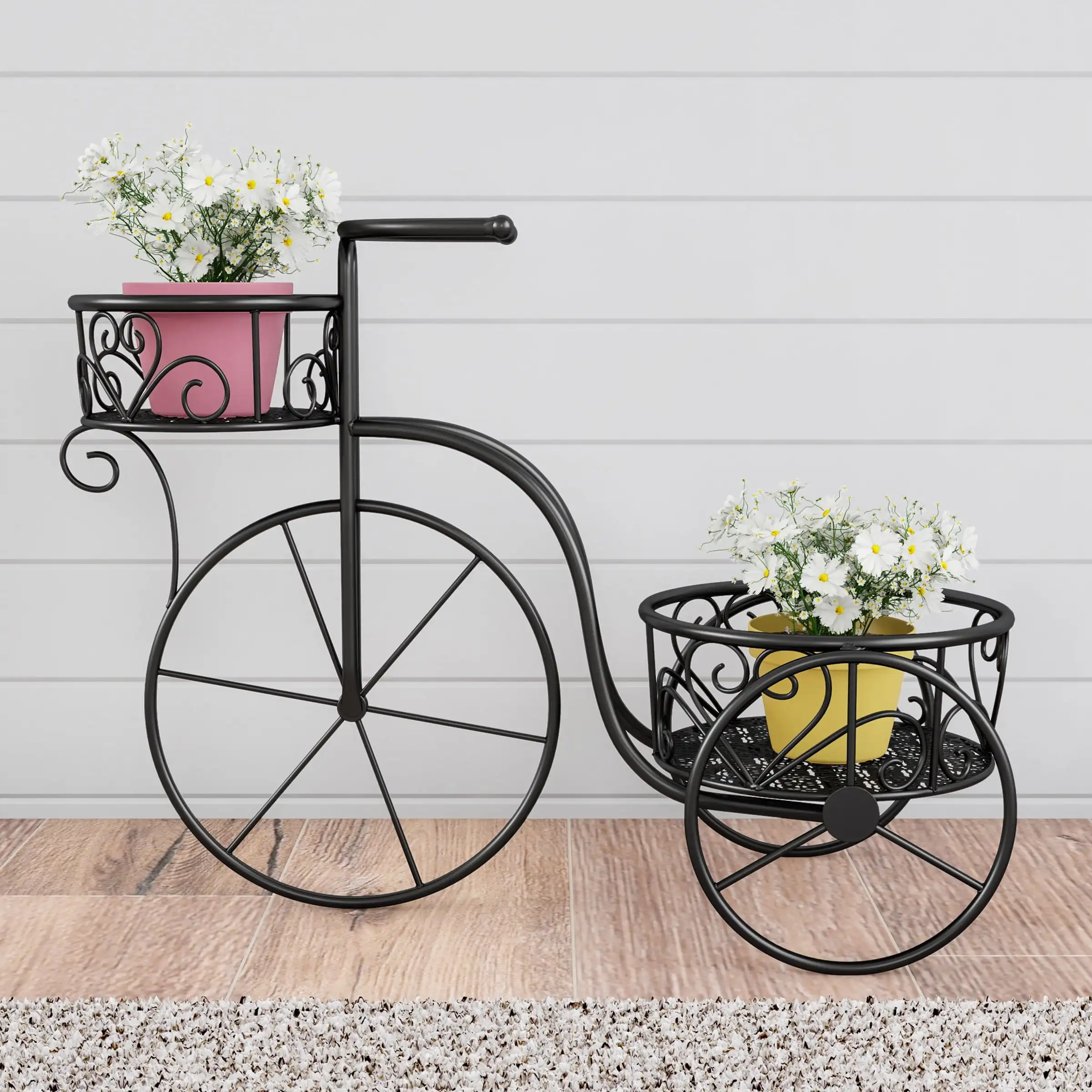 

Tricycle Plant Stand 2-Tiered Indoor or Outdoor Decorative Vintage-Look Metal Display for Patio Deck Home or Lawn (Black)