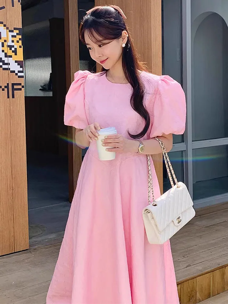 

korea chic Women Puff Sleeve Dress Loose Casual Patterned High Waist O-neck Vestido Female 2023 Summer New Trend Y699