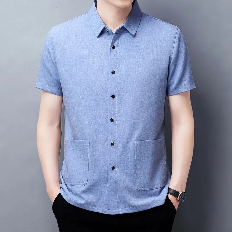 Streetwear Fashion Men Solid Short Sleeve Linen Shirt Coats Summer New Multiple Pockets Basic Loose Male Clothes Casual Tops 4XL