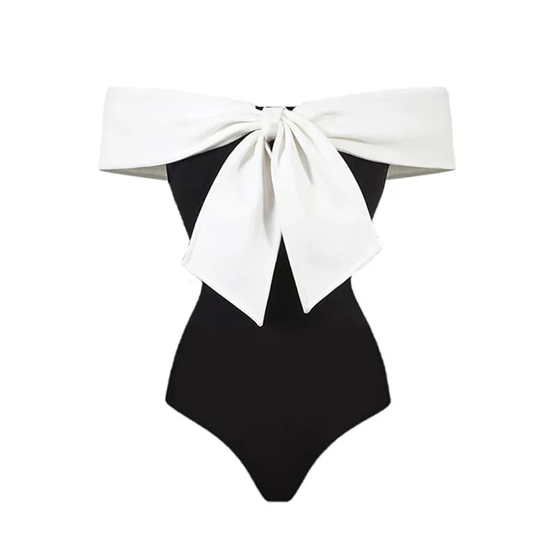 Black And White Colorblocked One-shoulder Bikini One-piece Slim Fit Open-back Bow Design Swimsuit Women Elegant Straps Cover up
