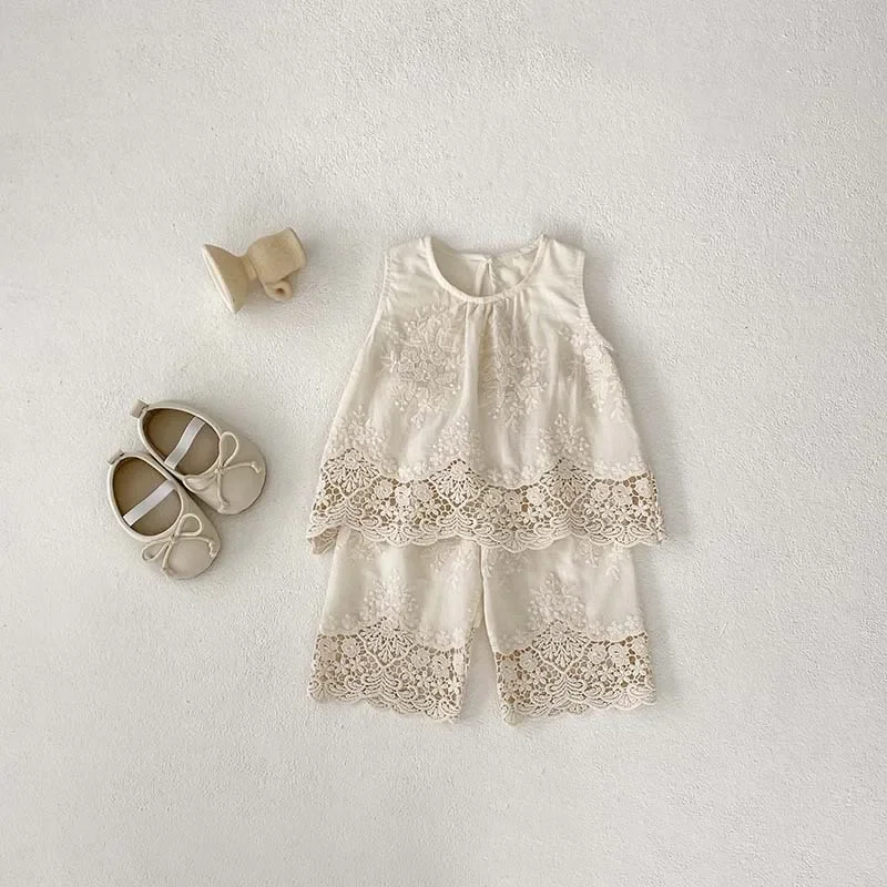 Cute Baby Girls Summer Lace Vest Pants Outfit