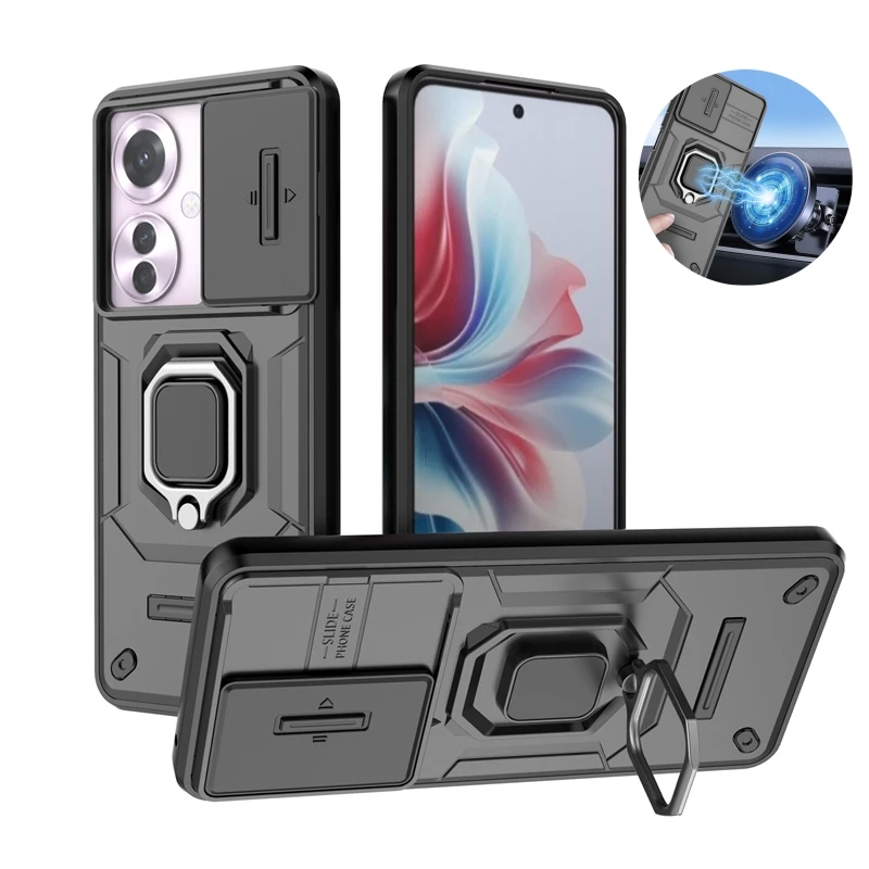 슬라이드 카메라 보호 아머 휴대폰 케이스, Reno11F 5G 케이스, OPPO Reno 11F 11 F Reno11 F 5G 용, 자동차 마그네틱 거치대 링 백 커버