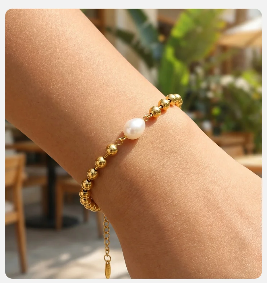 Vnox Trendiges Edelstahl-Armband mit Imitationsperlen für Damen, vergoldete, glatte Perlenketten, wasserdichter Schmuck – Detail 8