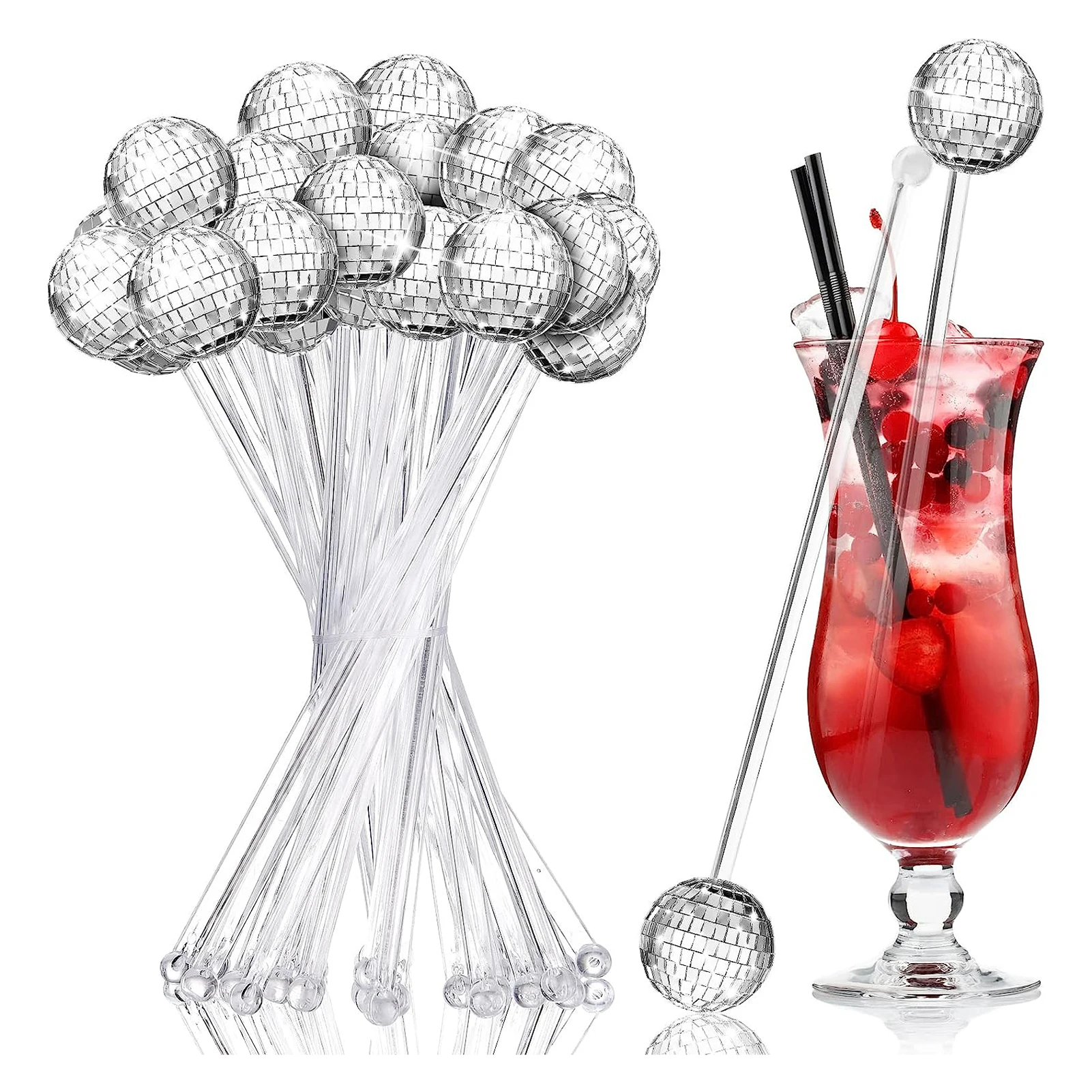 12pcs Disco Ball Stirrers Cocktail Beverage Coffee Stirrer Plastic Mirror Ball Sticks for Home Drink Party Decoration Favor