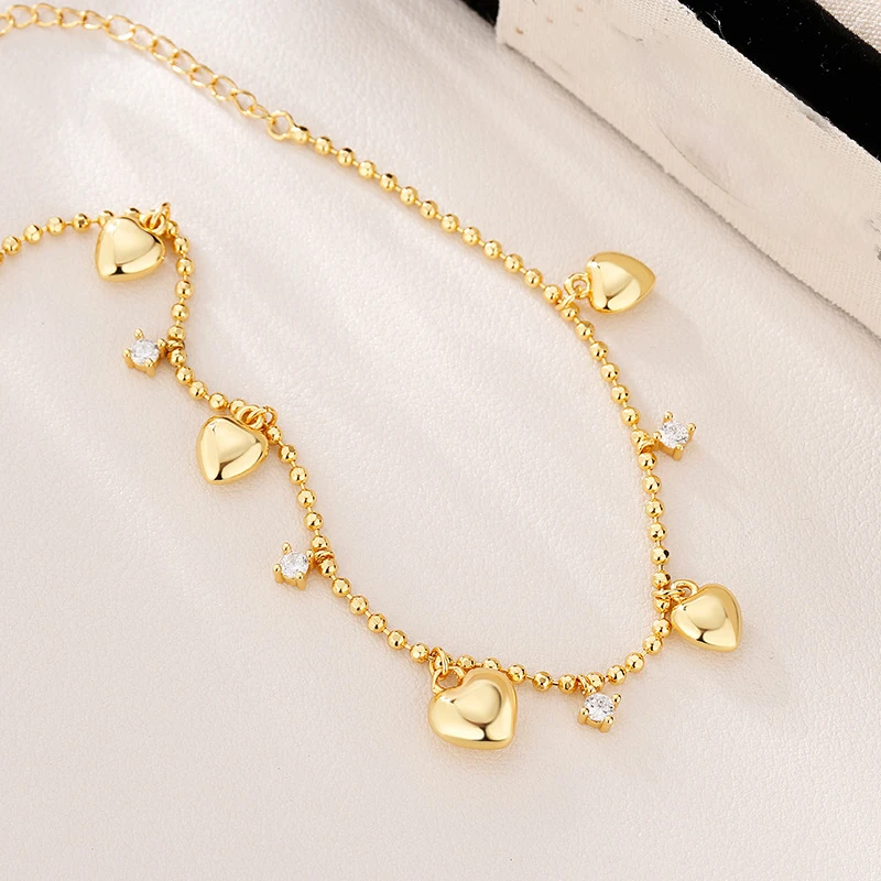 VENTFILLE 925 Sterling Silve Love Heart Anklet for Women Zircon Bead Chain Tassels Sweet Adjustable Jewelry Gift