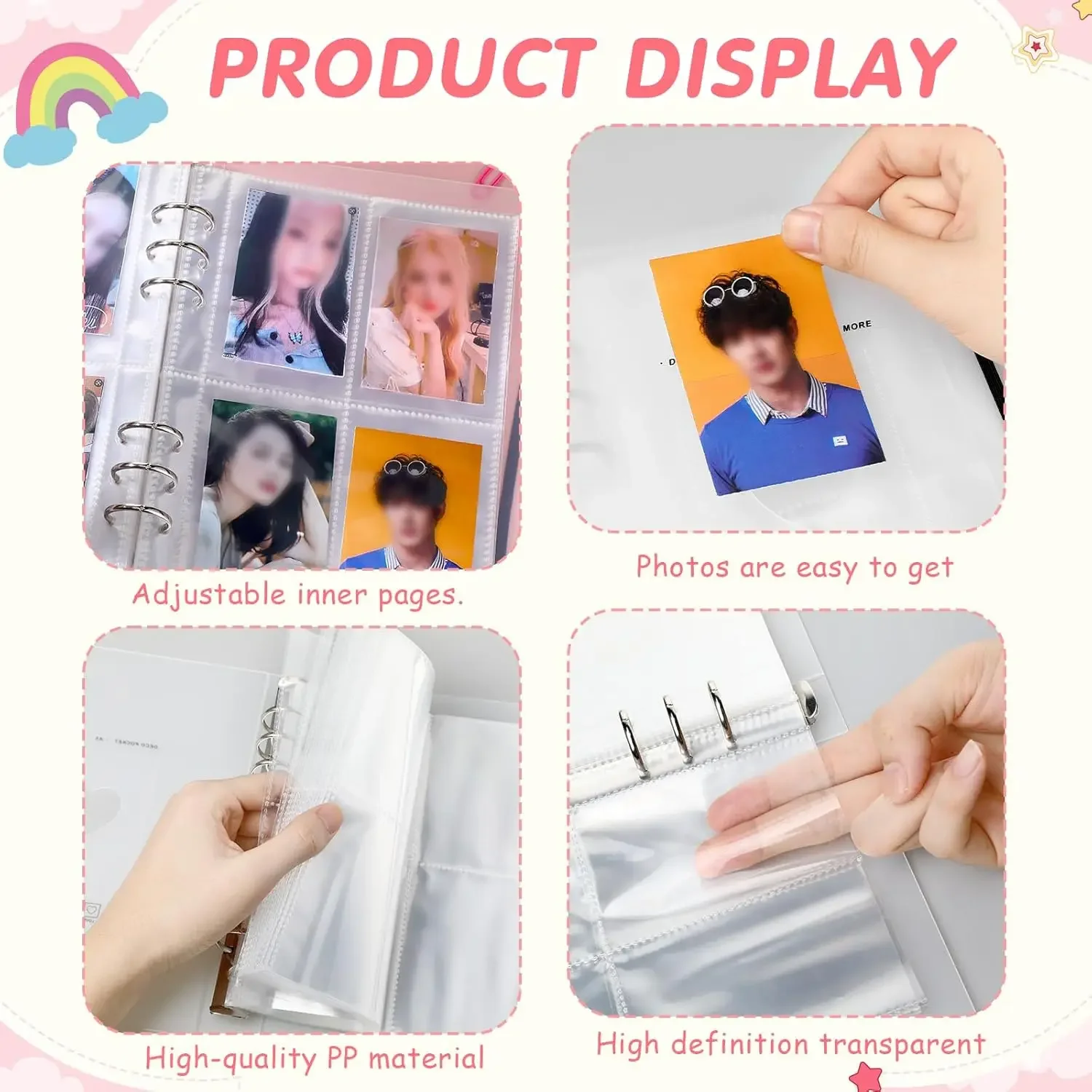 A5 Pocket Binder Photo Card Holders 10Pcs 1/2/4 6Ring Kpop Photocards Sleeves Photo Album Page Protector Sheets