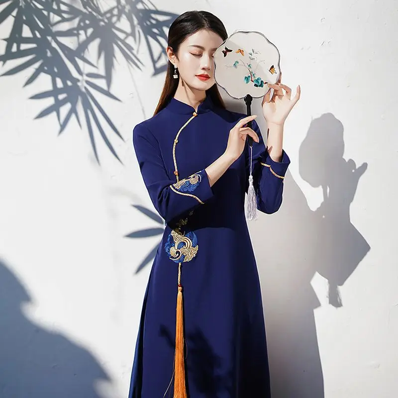 

Chinese Zen Tea Dress Autumn And Winter Oriental Dress Modified Ao Dai Cheongsam Temperament Retro New Chinese Ao Dai Dress