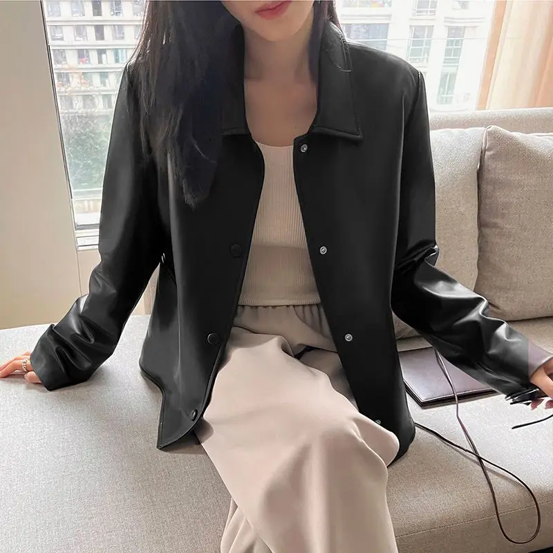 Spring Autumn Korean Chic Pu Biker Leather Jacket Women Streetwear Bomber Jacket Lapel Single-breasted Loose Jacket Outerwear