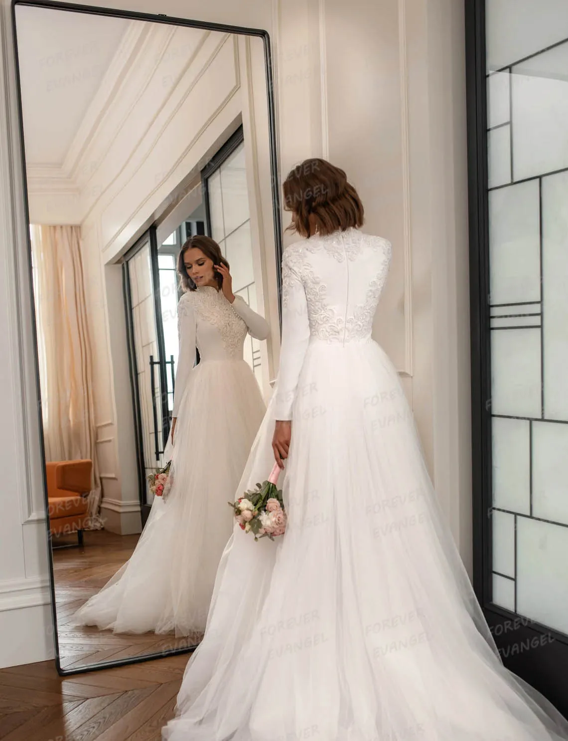 Formal Muslim Wedding Dresses Woman's A Line High Neck Sexy Appliques Long Sleeve Bride Gowns Party Vestidos De Novia Customized 3