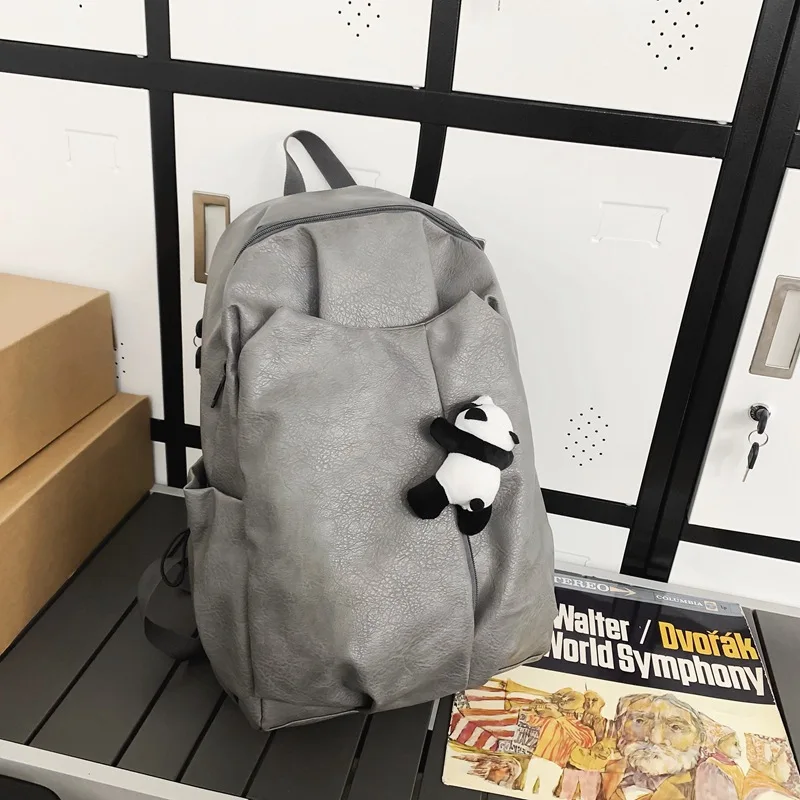 Cute Panda Pendant Women Man Backpack Pu Leather Men's Backpacks Girl Black White Back Pack Laptop Bag Large Capacity Travel Bag 3