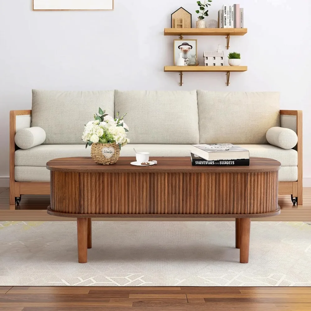 Fluted Lift Top Coffee Table with Hidden Compartment, Fully Assembled Wooden Center Table, Modern Oval Lift Tabletop for Home Li 6