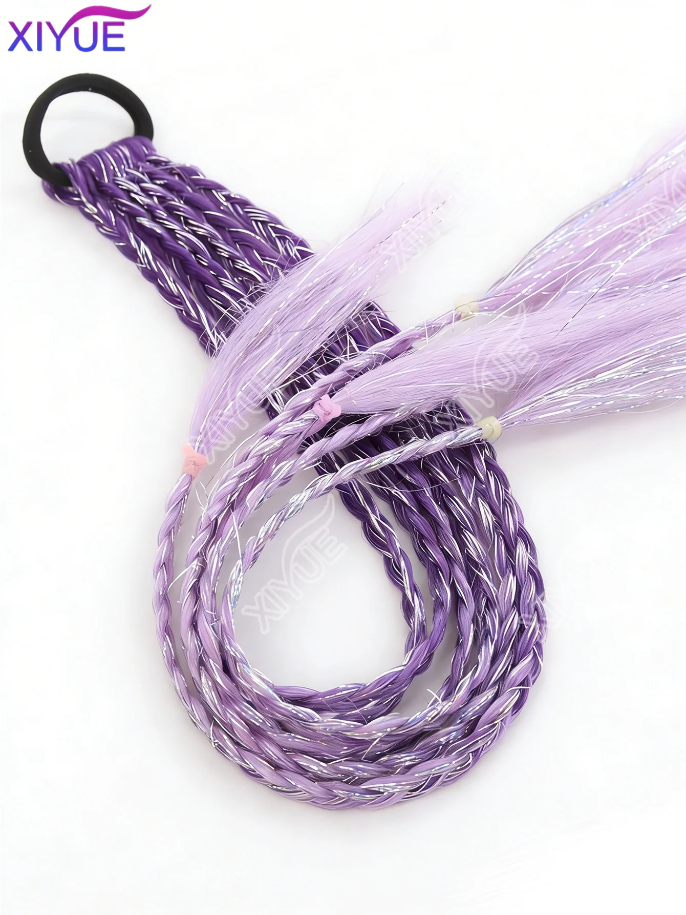 XIYUE 걸스 합성 퍼플 옴브레 브레이드 헤어 익스텐션 고무 밴드, 다크&라이트 퍼플 골든 실버 라인 그라데이션 포니테일