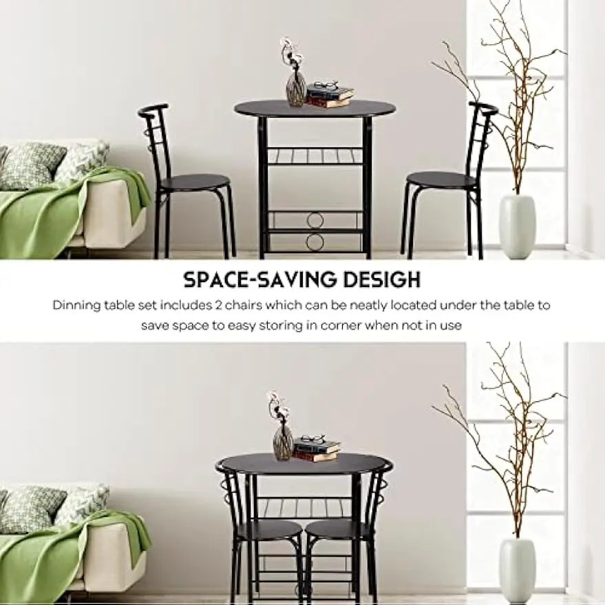 3-Piece Dining Table and Chair Set, Bistro Table Set of 2 for Kitchen Dining Room Bar Breakfast Compact Space Metal