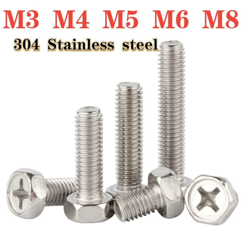 

304 Stainless Steel Cross Recessed External Hexagonal Head Screw M3 M4 M5 M6 M8 Cross Recessed External Hexagonal Bolt