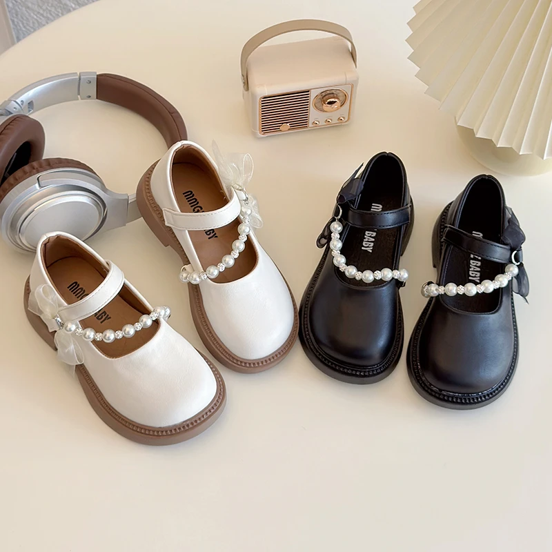 Girl's Leather Shoes Pearl Chain Ribbon Solid Color Elegant Kids Mary Janes Hook-loop Spring Black Beige Children Shoe