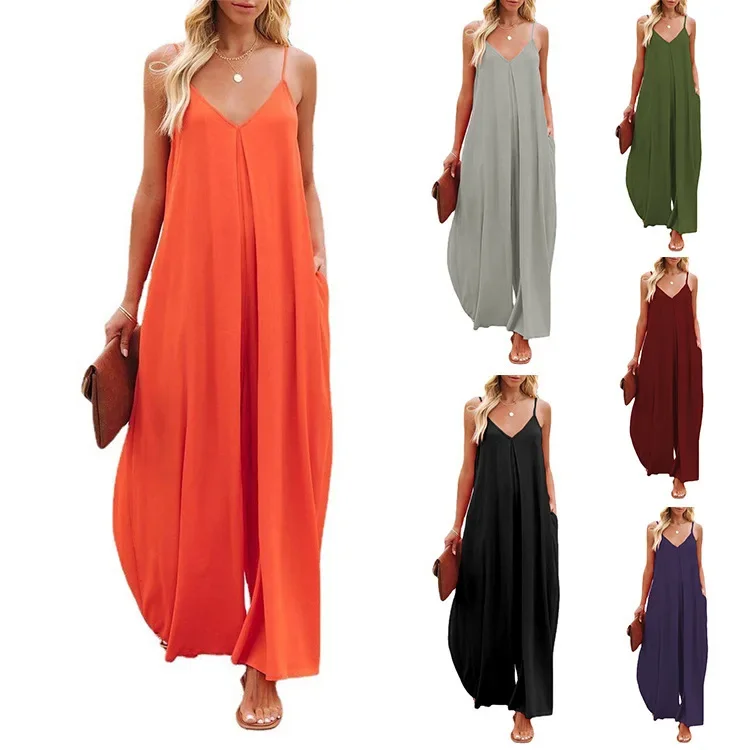 Women Jumpsuits V Neck One Piece Ankle Length Wide Leg Pants Rompers Backless Overalls Solid Pockets Loose Casual Mid Waist