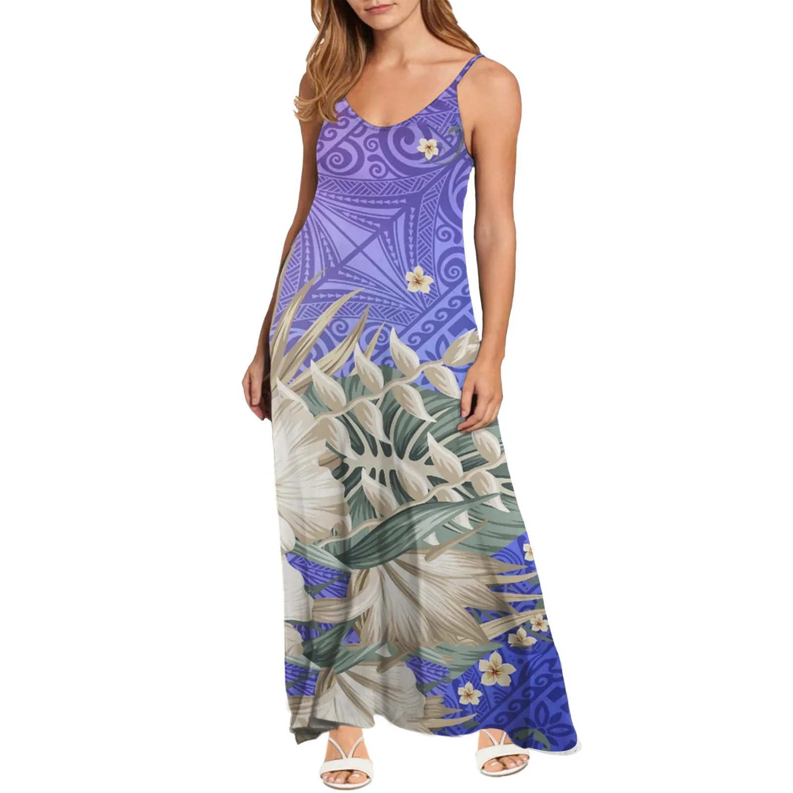 

Noisydesigns Fashion Sexy Dress V-Neck Sling Dress Polynesian Style Hibiscus Tattoo Dresses Women Summer Sleeveless Long Dress