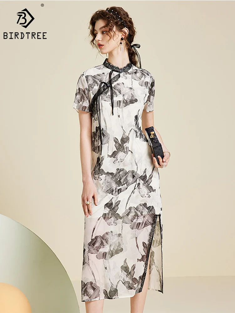 

100% Mulberry Silk Dress For Women Long National Style Printed Tassel Ladies Short Sleeve Cheongsam Summer D34201M