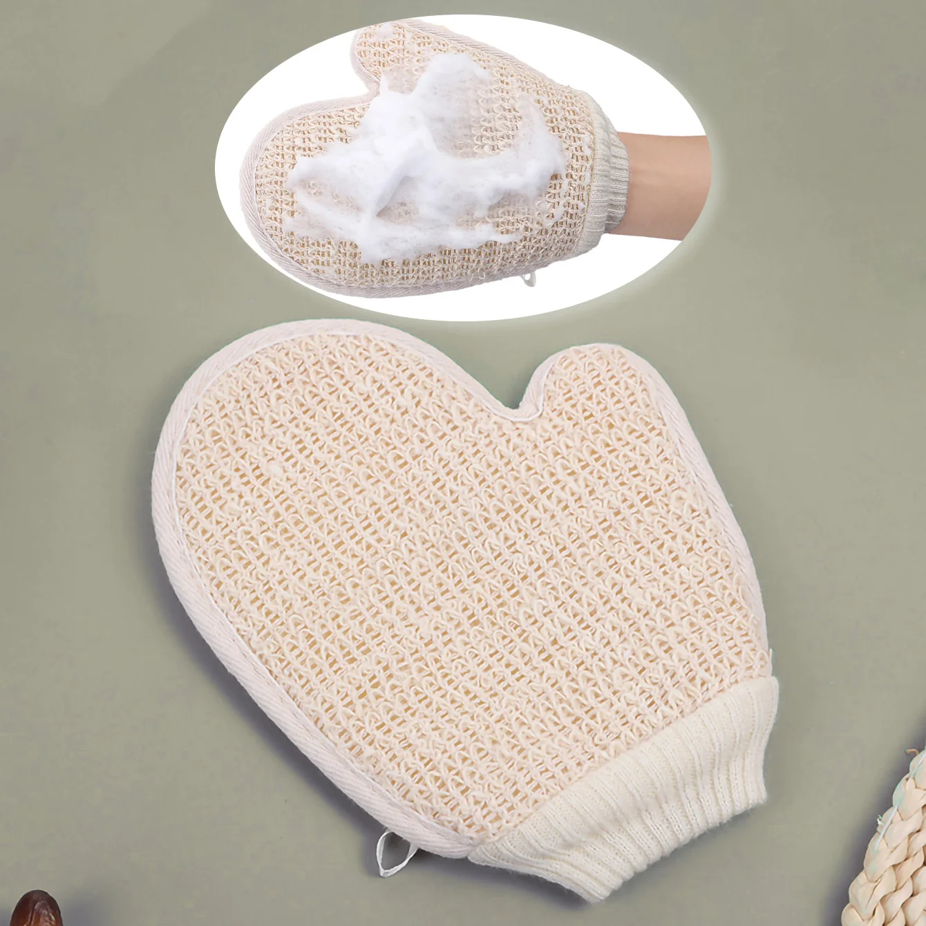 2-in-1 Body Scrub Shower Glove 1 Piece Natural Cotton Linen Gentle Exfoliating Scrubber Mesh Texture Home Spa