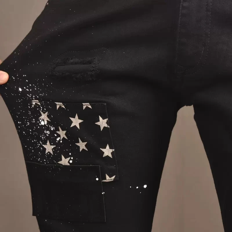 Fashion Streetwear Men Jeans Black Color Stretch Slim Fit Painted Ripped Jeans Men Patch Designer Elastic Hip Hop Pants Hombre