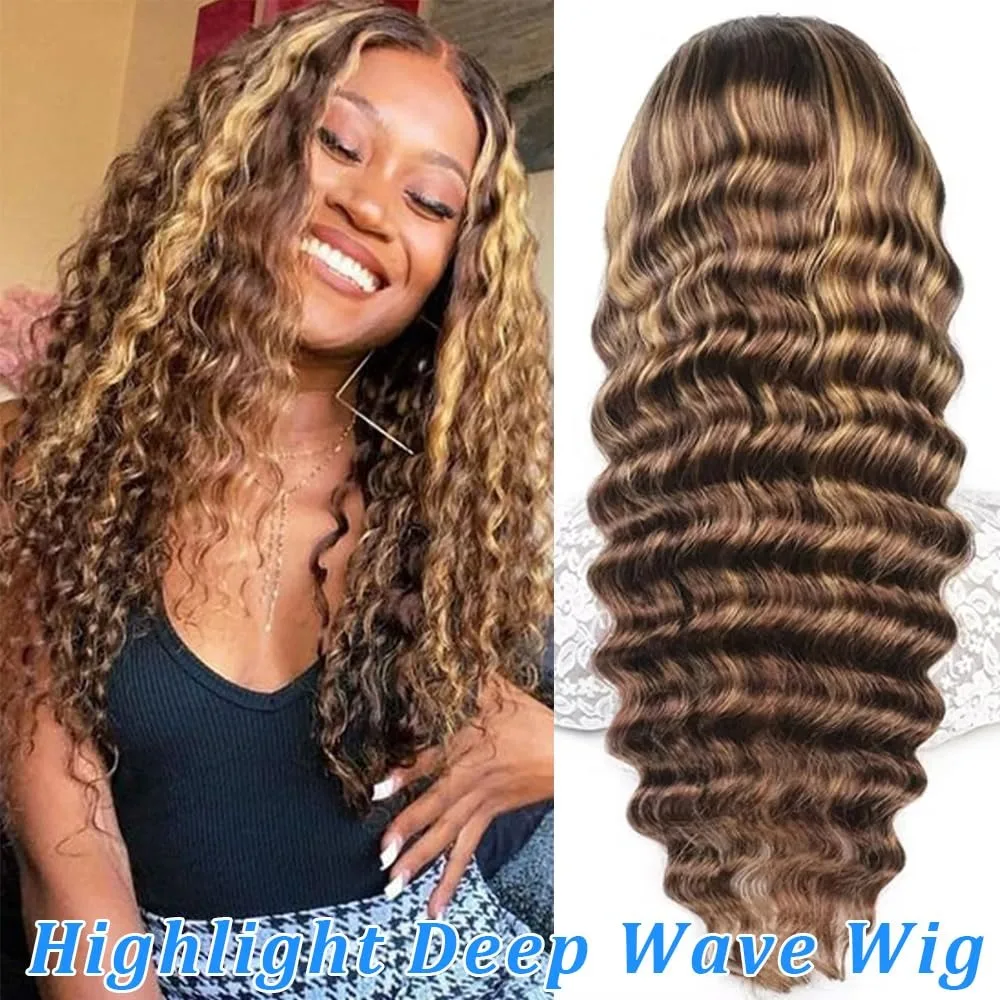 34Inch 13x4 Highlight Deep Wave Wig Human Hair 13X4 Lace Frontal Wig 4/27 Deep Wave Human Hair Wigs 5x5 Glueless Wig 200 Density 4