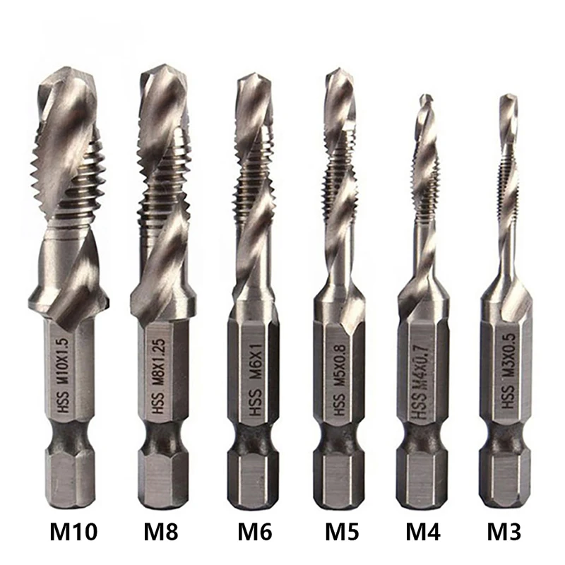 1/6Pcs Tap Drill Bit Set Hex Shank Titanium Plated HSS Screw Thread Bit Screw Machine Compound Tap M3 M4 M5 M6 M8 M10 Hand Tools