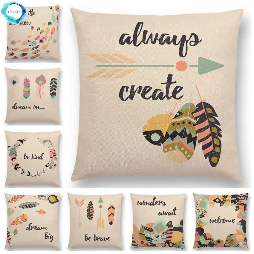 

Feather Pattern Decorative Letters Cushion Cover Beautiful Word Be Brave Kind Dream Home Decor Sofa Throw Pillow Case