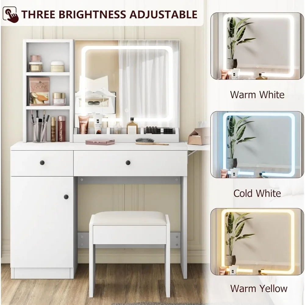 Makeup Vanity Desk with Mirror and Lights, Vanity Desk Set with Outlet & Drawers & Open Shelf Storage Cabinet, Table