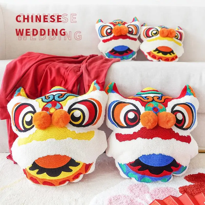 

Traditonal Chinese New Year Tiger Pillow, Cute Embroidery Tiger Cushion with Furry ball,Embroidered lion Dance Art Cushions