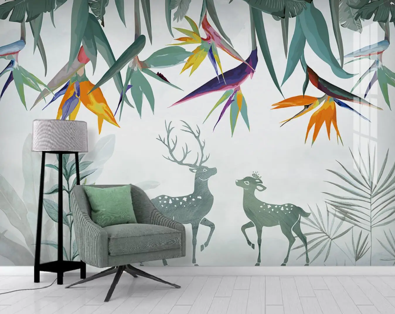 

Custom wallpaper mural Nordic green small fresh tropical plant banana leaf elk background wall papel de parede adesivo para quar